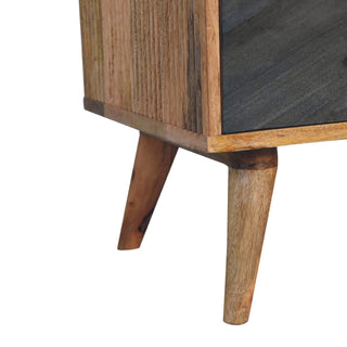 Slate Media Unit Oak & Grey Ribbed Drawer Fronts Brass Knobs with Nordic Tapered Legs
