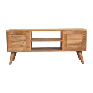 Slate Media Unit Oak & Grey Ribbed Drawer Fronts Brass Knobs with Nordic Tapered Legs
