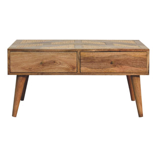 Zara Coffee Table with Storage Drawers Woven Rattan Top Brass Knobs