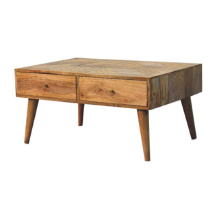 Zara Coffee Table with Storage Drawers Woven Rattan Top Brass Knobs