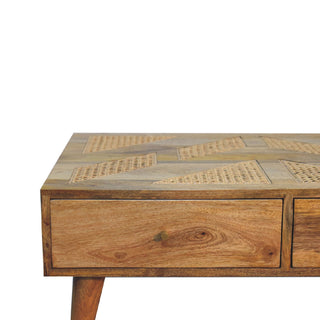 Zara Coffee Table with Storage Drawers Woven Rattan Top Brass Knobs