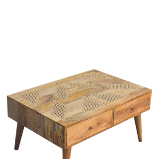 Zara Coffee Table with Storage Drawers Woven Rattan Top Brass Knobs