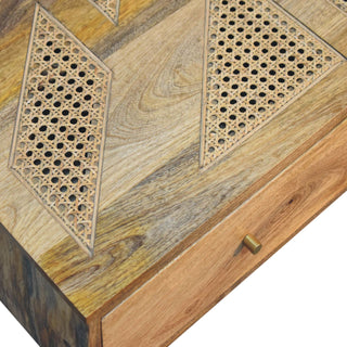 Zara Coffee Table with Storage Drawers Woven Rattan Top Brass Knobs