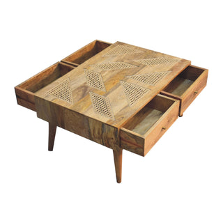 Zara Coffee Table with Storage Drawers Woven Rattan Top Brass Knobs