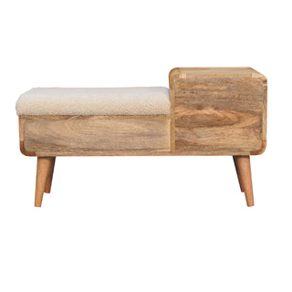 Wren Storage Bench Cream Boucle Seat Hand-Carved Diagonal Panel Side Drawer Oak Nordic Legs