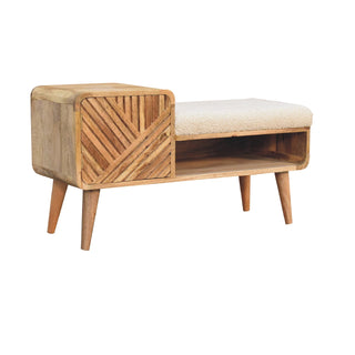 Wren Storage Bench Cream Boucle Seat Hand-Carved Diagonal Panel Side Drawer Oak Nordic Legs