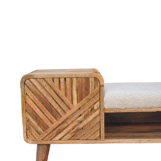 Wren Storage Bench Cream Boucle Seat Hand-Carved Diagonal Panel Side Drawer Oak Nordic Legs