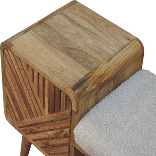 Wren Storage Bench Cream Boucle Seat Hand-Carved Diagonal Panel Side Drawer Oak Nordic Legs