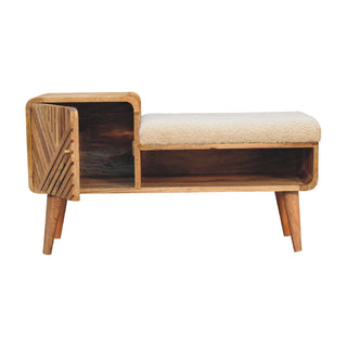 Wren Storage Bench Cream Boucle Seat Hand-Carved Diagonal Panel Side Drawer Oak Nordic Legs