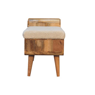 Wren Storage Bench Cream Boucle Seat Hand-Carved Diagonal Panel Side Drawer Oak Nordic Legs