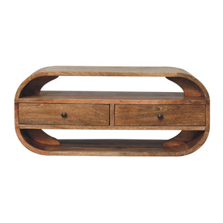 Arco Media Unit Oak Finish Curved Edges Twin Drawers Open Shelf