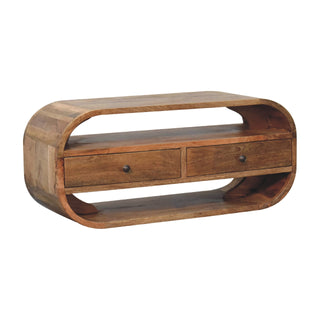 Arco Media Unit Oak Finish Curved Edges Twin Drawers Open Shelf