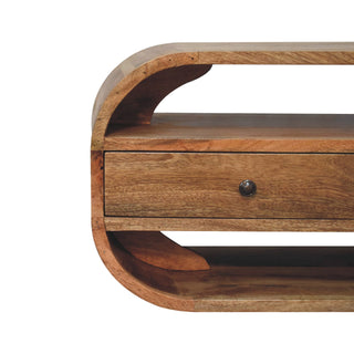 Arco Media Unit Oak Finish Curved Edges Twin Drawers Open Shelf