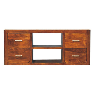 Caden Media Unit Chestnut Finish Four Drawers Gold Bar Handles Open Shelf