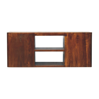 Caden Media Unit Chestnut Finish Four Drawers Gold Bar Handles Open Shelf