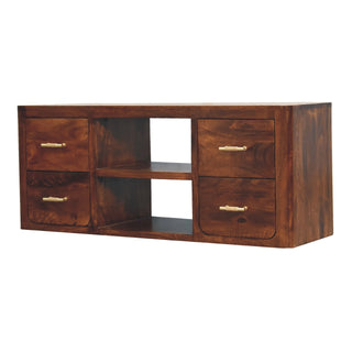 Caden Media Unit Chestnut Finish Four Drawers Gold Bar Handles Open Shelf