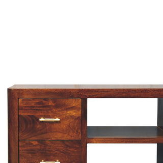Caden Media Unit Chestnut Finish Four Drawers Gold Bar Handles Open Shelf