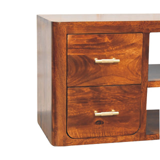 Caden Media Unit Chestnut Finish Four Drawers Gold Bar Handles Open Shelf