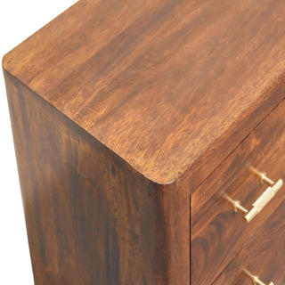 Caden Media Unit Chestnut Finish Four Drawers Gold Bar Handles Open Shelf