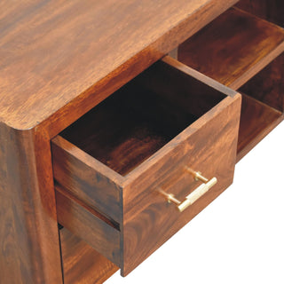 Caden Media Unit Chestnut Finish Four Drawers Gold Bar Handles Open Shelf
