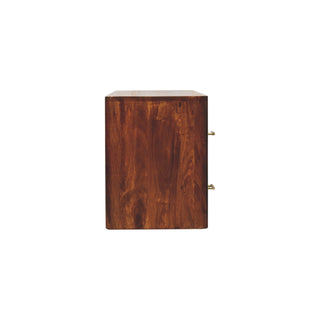 Caden Media Unit Chestnut Finish Four Drawers Gold Bar Handles Open Shelf