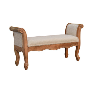 Elise Bedroom Bench Cream Bouclé Upholstered Hand-Carved Cabriole Legs Scrolled Arms