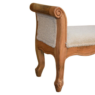 Elise Bedroom Bench Cream Bouclé Upholstered Hand-Carved Cabriole Legs Scrolled Arms