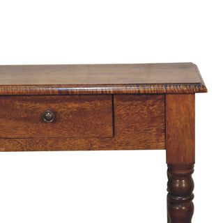 Delaine Writing Desk Mango Wood Chestnut Fluted Spindle Legs With Brass Knob