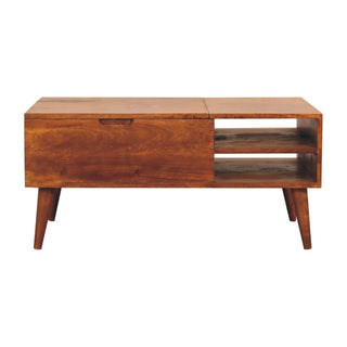 Hatch Lift Top Coffee Table Solid Mango Wood Open Cubbies Chestnut Nordic Legs