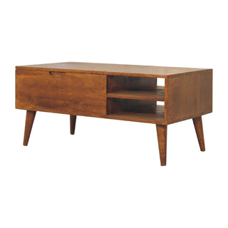 Hatch Lift Top Coffee Table Solid Mango Wood Open Cubbies Chestnut Nordic Legs