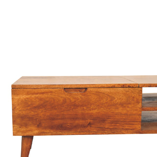 Hatch Lift Top Coffee Table Solid Mango Wood Open Cubbies Chestnut Nordic Legs