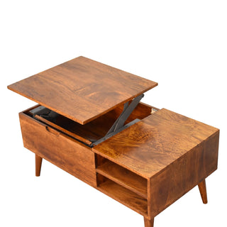 Hatch Lift Top Coffee Table Solid Mango Wood Open Cubbies Chestnut Nordic Legs