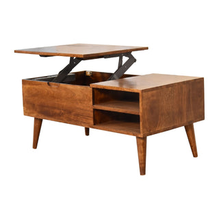 Hatch Lift Top Coffee Table Solid Mango Wood Open Cubbies Chestnut Nordic Legs