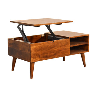 Hatch Lift Top Coffee Table Solid Mango Wood Open Cubbies Chestnut Nordic Legs