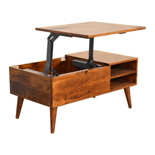 Hatch Lift Top Coffee Table Solid Mango Wood Open Cubbies Chestnut Nordic Legs