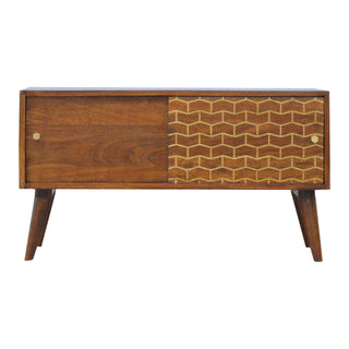 Weave Media Unit Chestnut Mango Wood Gold Herringbone Lacquered Sliding Door with Nordic Legs