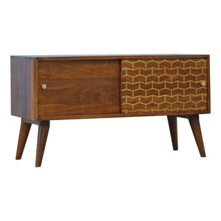 Weave Media Unit Chestnut Mango Wood Gold Herringbone Lacquered Sliding Door with Nordic Legs