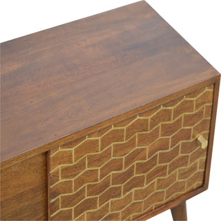 Weave Media Unit Chestnut Mango Wood Gold Herringbone Lacquered Sliding Door with Nordic Legs