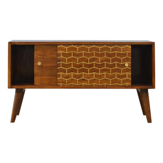 Weave Media Unit Chestnut Mango Wood Gold Herringbone Lacquered Sliding Door with Nordic Legs