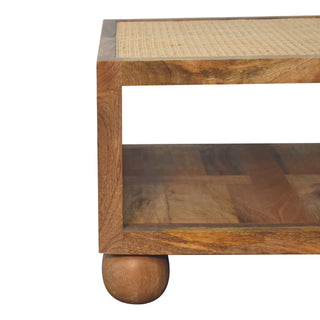 Reed Small Coffee Table Solid Mango Wood Woven Cane Panels Open Shelf Ball Feet