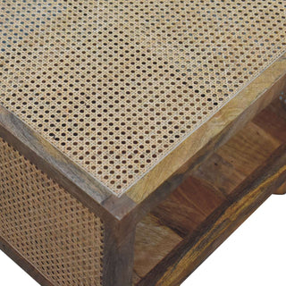 Reed Small Coffee Table Solid Mango Wood Woven Cane Panels Open Shelf Ball Feet