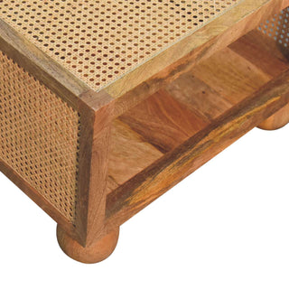 Reed Small Coffee Table Solid Mango Wood Woven Cane Panels Open Shelf Ball Feet