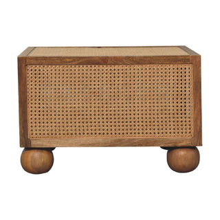 Reed Small Coffee Table Solid Mango Wood Woven Cane Panels Open Shelf Ball Feet
