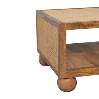 Reed Small Coffee Table Solid Mango Wood Woven Cane Panels Open Shelf Ball Feet