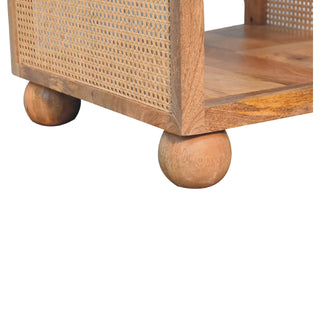 Reed Small Coffee Table Solid Mango Wood Woven Cane Panels Open Shelf Ball Feet