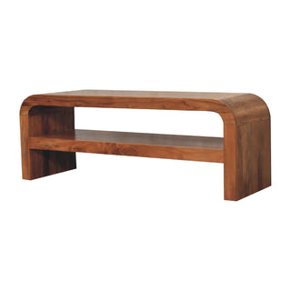 Arc Media Unit Caramel Solid Acacia Wood U-Shape Arc Frame Large Open Drawer Smooth Rounded Edges