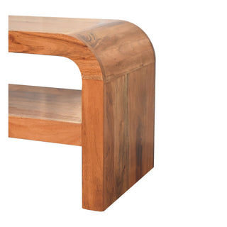Arc Media Unit Caramel Solid Acacia Wood U-Shape Arc Frame Large Open Drawer Smooth Rounded Edges