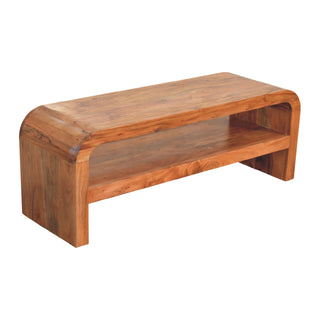 Arc Media Unit Caramel Solid Acacia Wood U-Shape Arc Frame Large Open Drawer Smooth Rounded Edges
