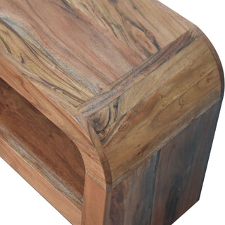 Arc Media Unit Caramel Solid Acacia Wood U-Shape Arc Frame Large Open Drawer Smooth Rounded Edges