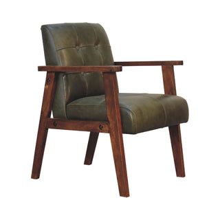 Forrest Armchair Olive Buffalo Leather Buttoned Walnut Frame